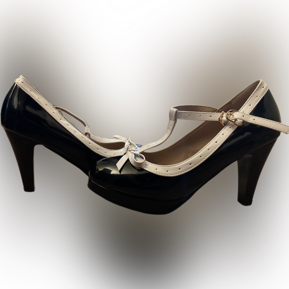 Women T-Strap High Heels Bow Platform Round Toe Pumps Leather Summer Sweet Shoes